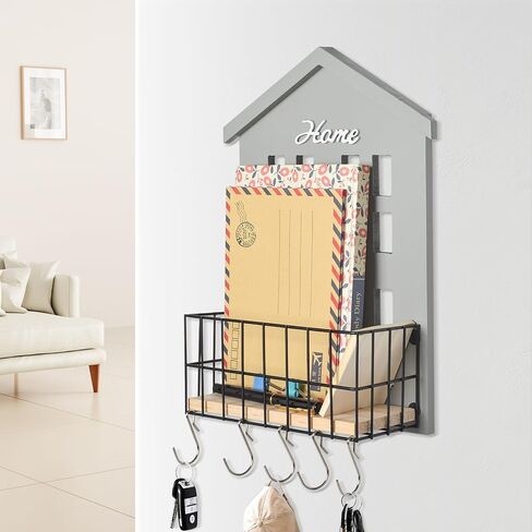 wishacc Mail Organizer Wall Mount with Key Hooks, Wooden Hanging Mail Sorter Farmhouse Key Holder for Wall Decoration, Wall File and Magazines Bill Letter Holder (Grey) in Saudi Arabia