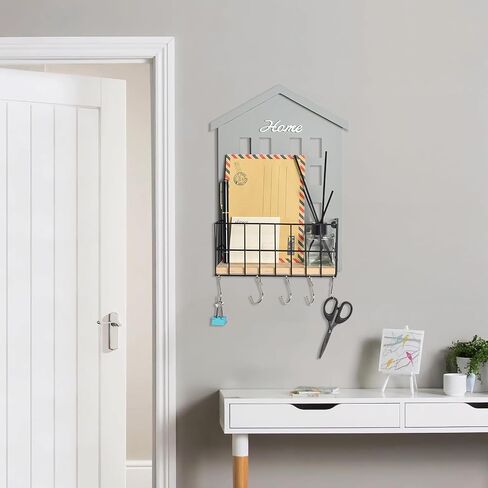 wishacc Mail Organizer Wall Mount with Key Hooks, Wooden Hanging Mail Sorter Farmhouse Key Holder for Wall Decoration, Wall File and Magazines Bill Letter Holder (Grey) in Saudi Arabia