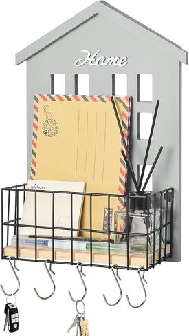 wishacc Mail Organizer Wall Mount with Key Hooks, Wooden Hanging Mail Sorter Farmhouse Key Holder for Wall Decoration, Wall File and Magazines Bill Letter Holder (Grey) in Saudi Arabia