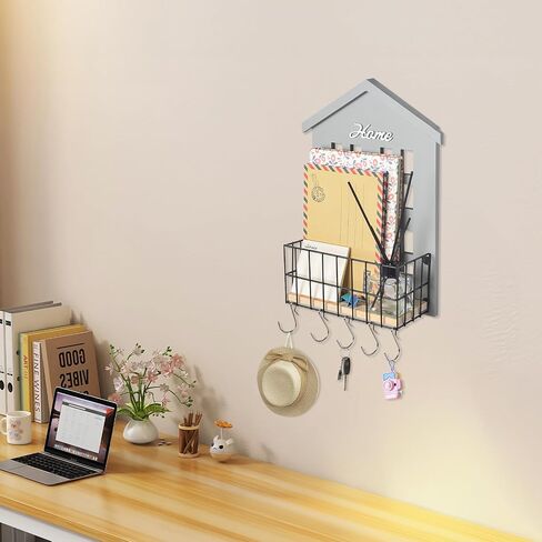 wishacc Mail Organizer Wall Mount with Key Hooks, Wooden Hanging Mail Sorter Farmhouse Key Holder for Wall Decoration, Wall File and Magazines Bill Letter Holder (Grey) in Saudi Arabia