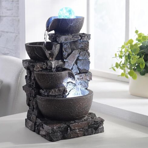 Home Décor Tabletop Fountain Indoor Stone Four Bowls Natural River Rocks Decorated Colorful Lights Rolling Ball (23066) in Saudi Arabia