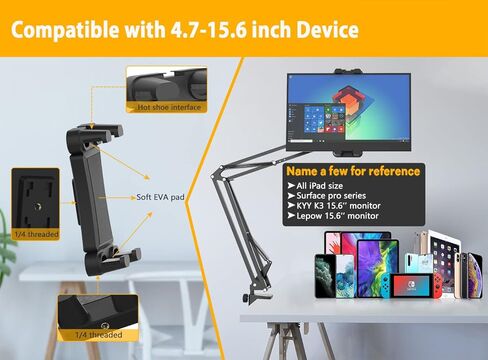 حامل ذراع الكمبيوتر اللوحي المكتبي لشاشة iPad المحمولة مقاس 4.7-15.6 بوصة، حامل كمبيوتر لوحي شديد التحمل، حامل ثلاثي القوائم مرن للكمبيوتر اللوحي متوافق مع سلسلة Surface Pro، جميع أجهزة iPad Pro 12.9 in Saudi Arabia