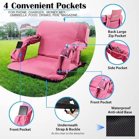 Stadium Seats for Bleachers with Back Support and Thick Padded Cushion,24" Extra Wide Portable Reclining Folding Chair with Optional Arms, 4 Pockets and Shoulder Straps,Big Size,Burgundy in Kuwait