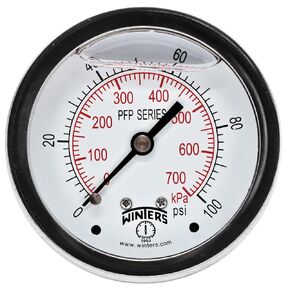 Winters PFP Series Premium Stainless Steel 304 Dual Scale Liquid Filled Pressure Gauge, 0-100 psi/kpa, 2-1/2" Dial Display, +/-1.5% Accuracy, 1/4" NPT Back Mount