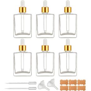 6 Pack 1.7oz Clear Square Glass Dropper Bottles, 50ml Empty Square Perfumes Bottles with Eye Droppers, for Essential Oils,Liquids, Tincture Bottles (Golden Cap)