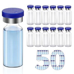 10ml Glass Vials, Glass vials Clear Glass Headspace Vials with 100pcs Plastic-Aluminum Flip Off Caps and 100pcs Rubber Stoppers, 22mm Transparent Flat Bottom Lab Vial (50pcs)