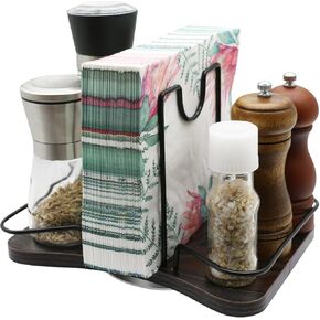 Napkin Holder for Table, rotating metal upright napkin holder with salt and pepper shakers, upright paper napkin storage container for kitchen table decoration, black walnut wood color