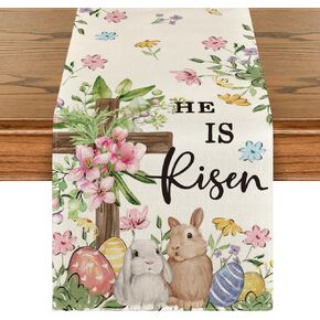 Artoid Mode Bunny Rabbits Eggs He is Risen Easter Table Runner, Seasonal Spring Kitchen Dining Table Decoration for Home Party Decor 13x72 Inch