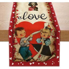 Vintage Valentine's Day Table Runner Valentines Decorations - Red Love Vintage Style Boys and Girls Valentines Day Anniversary Home Kitchen Dining Table Decor, Valentines Party Decorations 13x72 Inch
