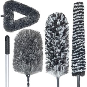 Feather Duster Kit with 5.6ft Extension Pole, 4 Dusting Brush for Cleaning Home Wall Ceiling Fan Cobweb, Microfiber Static Washable Dusters, Black Dark Gray