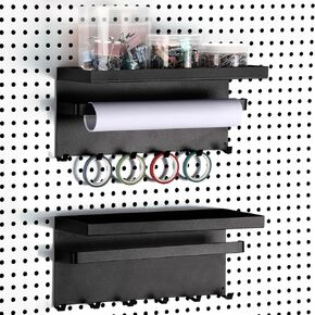 2 Pcs Peg Board Paper Towel Holder, 10 Inch Magnetic Pegboard Shelves and Dowel Rod, Metal Multi Functional Storage Shelf Peg Board Accessories for Kitchen Garage Home Craft Room