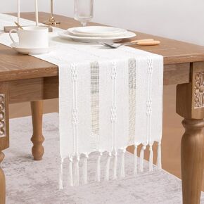 Socomi Farmhouse Table Runner 60 inches Macrame Woven Coffee Table Runner Cotton Rustic Fall ThanksgivingTable Runner with Tassels for Boho Home Decor Dining Living Room 13x60 inches Cream Ivory