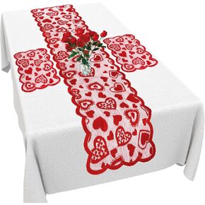 Valentines Table Runner, Red Lace Table Runner with 2 Placemats, 13 x 72 Inch Valentines Day Table Runner, Red Love Heart Print Valentine Runners for Tables Party Wedding Valentines Day Decorations