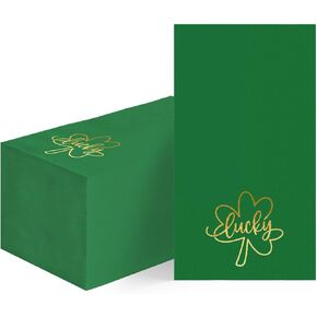 Horaldaily 100 Spring Green Disposable Paper Decorative Guest Napkins, Gold Foil Patrick Lucky Shamrock Hand Towel for Party Lunch Dinner Kitchen Bathroom