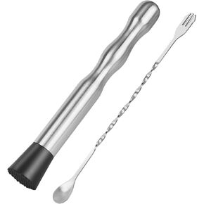 Muddler for Cocktails Bar Spoon - Vaincre 2PCS 9" Muddler and 10" Mixing Spoon Cocktail Mixing Stirrer, Stainless Steel Bar Accessories Tools Long Drink Stirrer Bartender Gifts for Mojitos Drinks