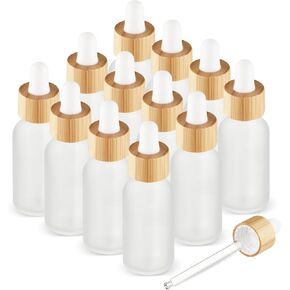 12 Pack 1 oz Frosted Glass Dropper Bottle,Empty Round Glass Boston Travel Bottles With Eye Droppers,Natural Bamboo Dropper Cap for Essential Oils, Tinctures & Perfume,Aromatherapy,Liquids