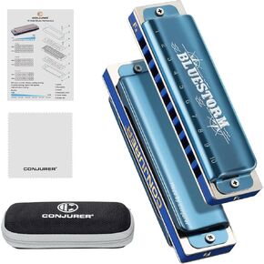 CONJURER Blues Harmonica for Beginners Adult 10 Hole Diatonic Harmonica in F# Key Phosphor Bronze Reeds Brass Deluxe Mouth Organ Blues Harp with Case, Key of F# Blue