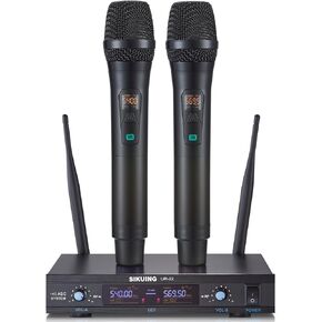 Wireless Microphone System, Metal Dual Pro UHF Cordless Dynamic Mic, 2x30 Adjustable Frequencies, Handheld Microphone System for Home Karaoke, Meeting, Church, 300ft Range (2 Handheld)