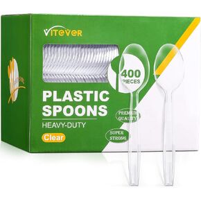 [400 Count] Heavy Duty Plastic Spoons, Premium Disposable Spoons, Durable Plastic Cutlery for for Parties, Picnics, Big Event, Daily Use - Heat Resistant & BPA Free - Clear