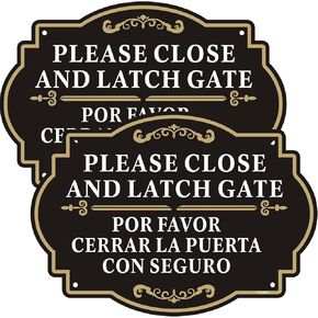 2 Pack Please Close and Latch Gate Sign Bilingual English Spanish, 10 x 7 inch Rust Free Aluminum Keep Gate Closed Sign, Weather Resistant, Waterproof, Durable Ink, Easy to Install