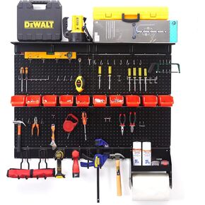 Wallmaster Pegboard Organizer Garage Storage - Pegboard Wall Organizer Pegboard Hooks Set Utility Tool Storage Rack with Wall Mounted Storage Bins&Overhead Shelf&Paper Towel Holder (Black)