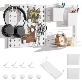 Goplus Peg Board, Metal Pegboard Kit with 2 Pegboard Panels, 12 Accessories, Storage Rack, 2 Storage Containers, Magnets & Hooks, White Pegboard Wall Organizer for Office Kitchen Home