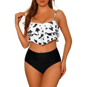 Women' S Tankini Cow Print Ruffled Tank Top Bikini Sets, 2 Piece Tummy Control Swimwear High Waisted Bikini