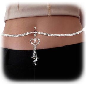 Rhinestone Heart Dangle Belly Button Ring with Waist Chain Crystal Piercing Navel Belly Chain Sexy Bikini Body Chain Jewelry Accessories for Women