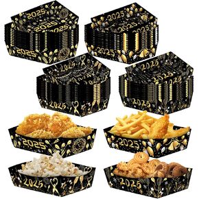CIEOVO 48 Pack Happy New Year Paper Food Trays Black Gold New Year Food Serving Boat Nacho Trays New Year Party Supplies Disposable Snack Bowl for Celebration New Year Eve Party Decorations