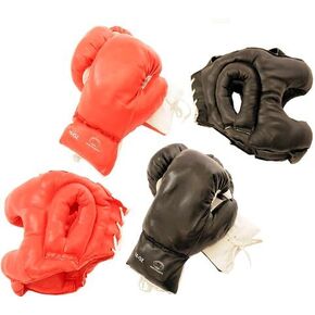 2 Head Gears with 2 Pairs of Boxing Gloves Red & Black Set