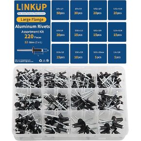 220PCS Set Black Large flange Rivets Pop Rivets Assortment Kit,Aluminum Rivet kit including(1/8" 5/32" 3/16" 1/4") Blind Rivet set