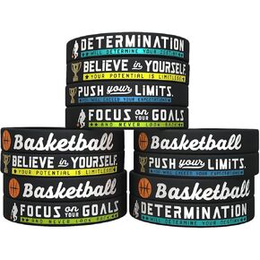 Inkstone (12-pack) Basketball Bracelets with Motivational Sports Quotes - Wholesale Pack of 12 Silicone Rubber Wristbands for Bulk Basketball Team Gifts and Party Favors - Unisex for Men Women
