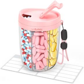 Large Pill Dispenser with 6 Compartments, Anti-Mix Pill Bottle Organizer with Wide Opening & Easy Retrieval, Vitamin Organizer for Travel, BPA-Free Pill Box with a Strap and 20 Sticky Labels
