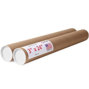 3" x 24" Reinforced Kraft Paper Mailing Tubes, Pack of 2 Tubes with 2 Caps Each – USPS Approved Poster Tube – Made in USA Cardboard Tube for Shipping and Storing Posters, Prints, Artwork, or Documents