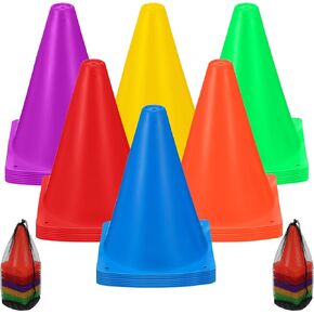 48 Pack 7 Inch Plastic Traffic Cones with 2 Black Bags, Agility Field Marker Soccer Cone, Safety Cones, Sports Cones, Training Cones for Skating Basketball Football, Practice Drills Themed Party Decor