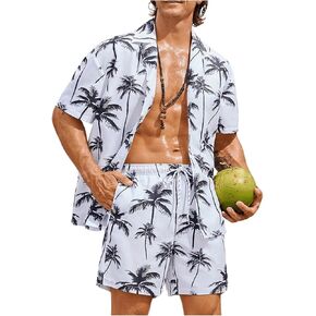 SOLY HUX Men's 2 Piece Hawaiian Outfits Tropical Short Sleeve Button Down Shirt and Shorts Summer Set