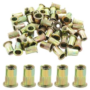 50 Pcs 1/4"-20 UNC Rivet Nut, Carbon Steel Flat Head Rivnu, Threaded Rivets Nut Inserts for Automotive, Furniture