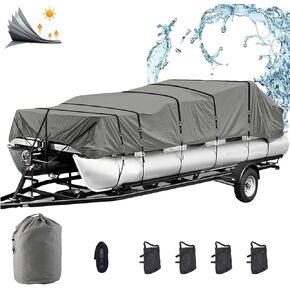 Pontoon Boat Covers 17-20 ft Waterproof PU Coating Marine Grade 600D Polyester UV-Proof with Windproof Buckle Straps Trailerable Boat Cover (Grey, Length 17-20 ft,Beam 96")