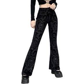 Women Velvet High Waisted Flared Pants Gothic Bootcut Pants Wide Leg Bell Bottom Trousers