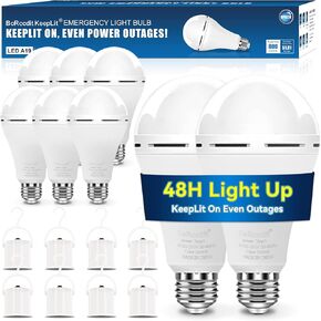 KeepLit 8PK A19 Emergency Rechargeable Light Bulbs, 48H Light Up & 3 Brightness Emergency Power Outage Light Bulbs,12W Battery Backup Emergency Lights for Power Failure, Hurricane (Daylight)
