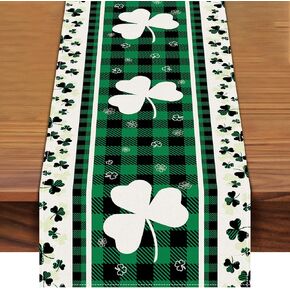 St. Patrick's Day Plaid Shamrock Table Runner 72 x 13 Inch, Green and White Clover Checkered Pattern Table Cover for Irish Holiday Celebration, Perfect for Home, Party, Kitchen Dining Mantel Decor