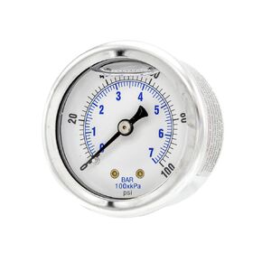 2 Pack of Liquid Filled Center Back Mount Pressure Gauge with 2" Dial, 0-100 PSI, 1/8" Male NPT Connection, Stainless Steel CASE and Bezel (2)
