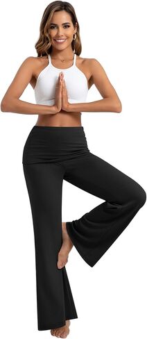 3 Pack Women's Fold Over Flare Leggings with Pockets Wide Leg Yoga Pants Casual Stretchy Lounge Flowy Palazzo Pants in Saudi Arabia