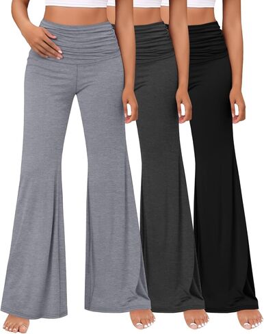 3 Pack Women's Fold Over Flare Leggings with Pockets Wide Leg Yoga Pants Casual Stretchy Lounge Flowy Palazzo Pants in Saudi Arabia