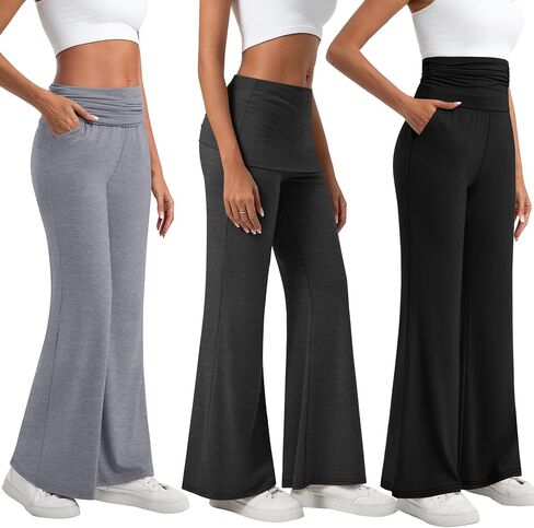 3 Pack Women's Fold Over Flare Leggings with Pockets Wide Leg Yoga Pants Casual Stretchy Lounge Flowy Palazzo Pants in Saudi Arabia