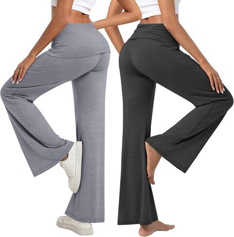 3 Pack Women's Fold Over Flare Leggings with Pockets Wide Leg Yoga Pants Casual Stretchy Lounge Flowy Palazzo Pants in Saudi Arabia