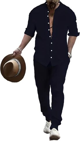 Men's 2 Pieces Set Long Sleeve Outfit Yoga Shirt Casual Pants With Pockets Summer Yoga Outfits in Kuwait