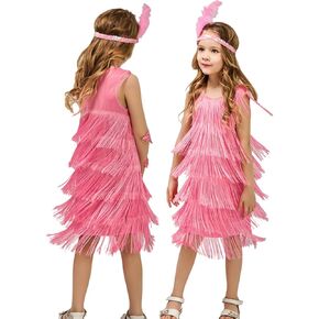 Happy Cherry Latin Dress Girls Flapper Dress with Sleeveless Latin Fringe Dance Sequin Tassel Dress with Feather Headband