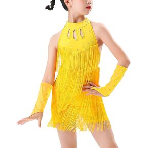 Happy Cherry Girls Latin Dance Outfits Rhinestones Tassel Halter Fringe Kids Ballroom Cha Cha Dance Dress