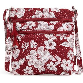 Vera Bradley Cotton Collegiate Triple Zip Hipster Crossbody Purse (Multiple Teams Available), Cardinal/White Rain Garden